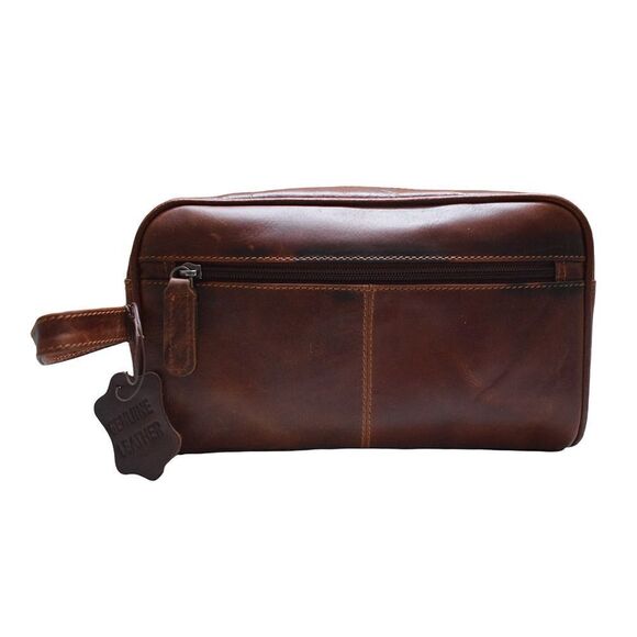 New Leather Toiletry Bag Dark Camel Color - Picture 3 of 10